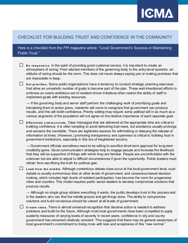 Checklist For Building Trust And Confidence In The Community | Icma.org